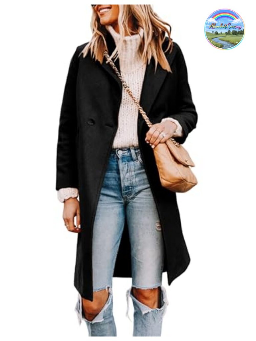 Wool Blend Pea Coat Long Trench Jacket Notch Collar Knee Length